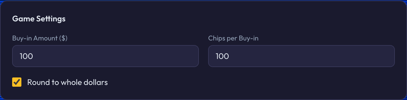 The PXF payout calculator's Game Settings panel — Buy-in Amount and Chips per Buy-in fields, plus a Round to whole dollars toggle