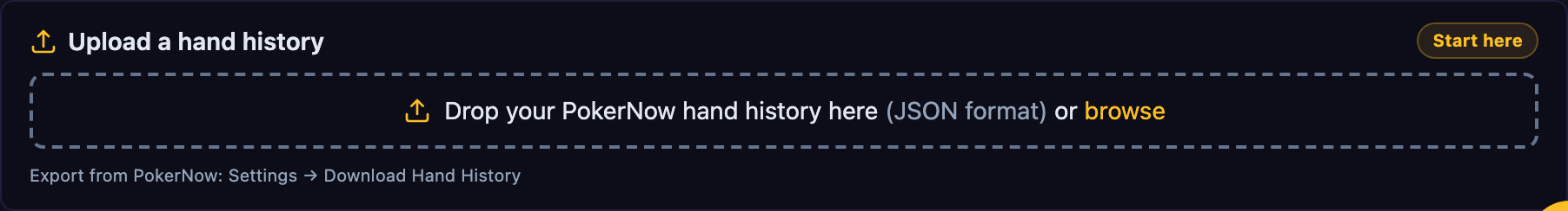 PXF's dashboard upload zone, ready to accept a dropped PokerNow hand-history JSON file