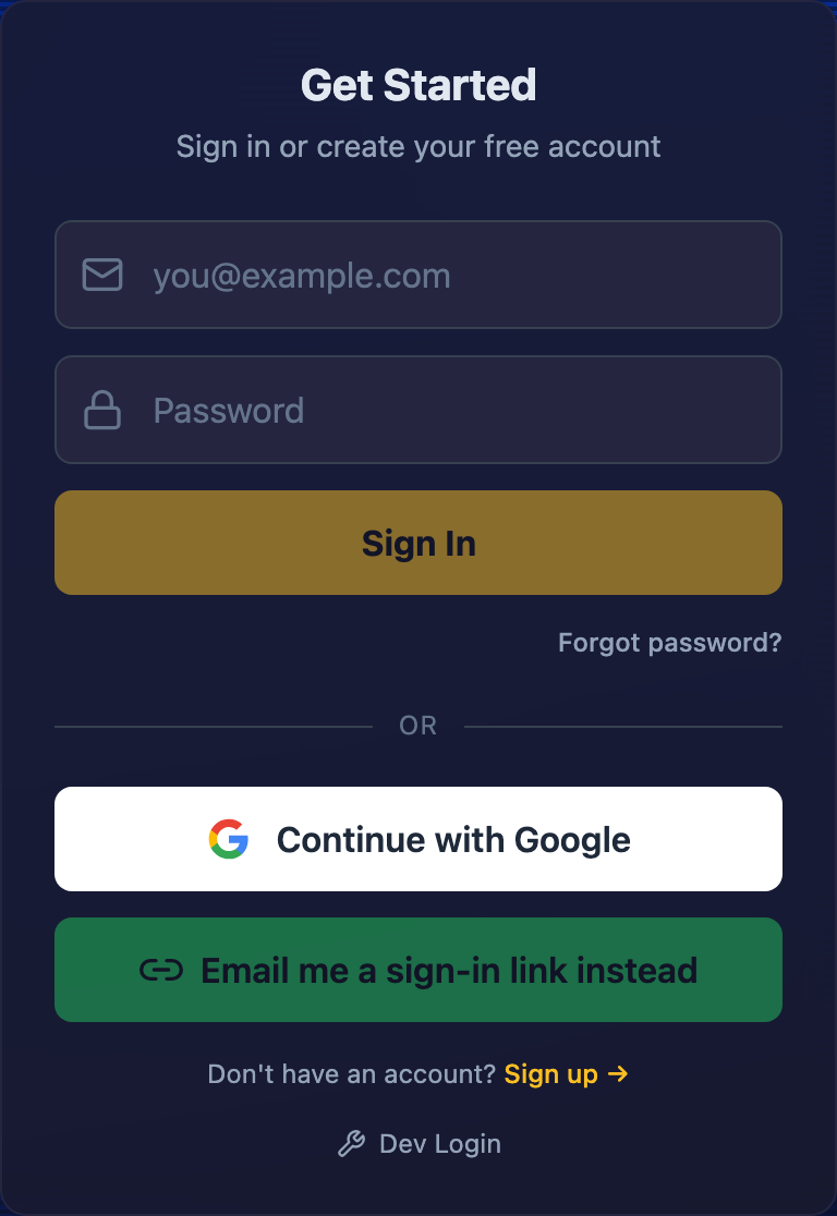 The PXF sign-in card: email and password fields, a Forgot password link, Continue with Google, and Email me a sign-in link instead