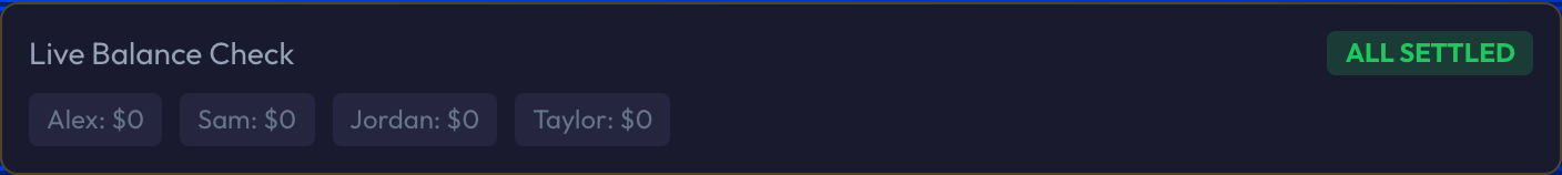 The Live Balance Check reading ALL SETTLED with every player at $0