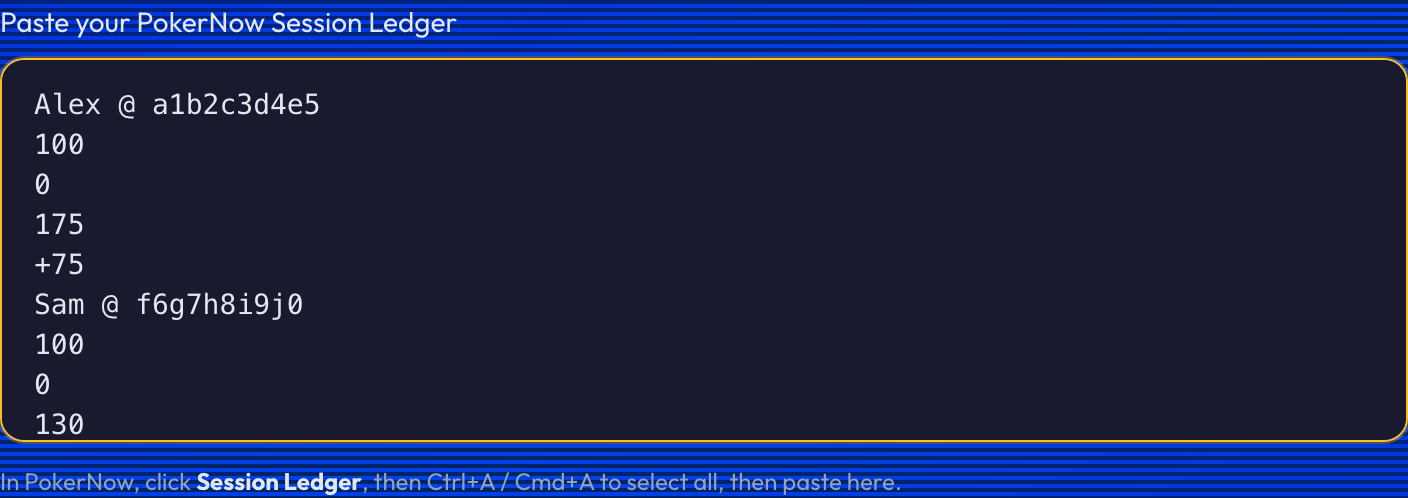 A PokerNow ledger pasted into the PXF Session Ledger box