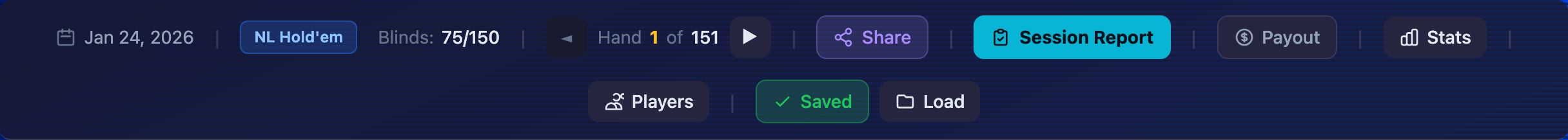 The replayer action bar: Share, Session Report, Payout, Stats, Players, and Load buttons