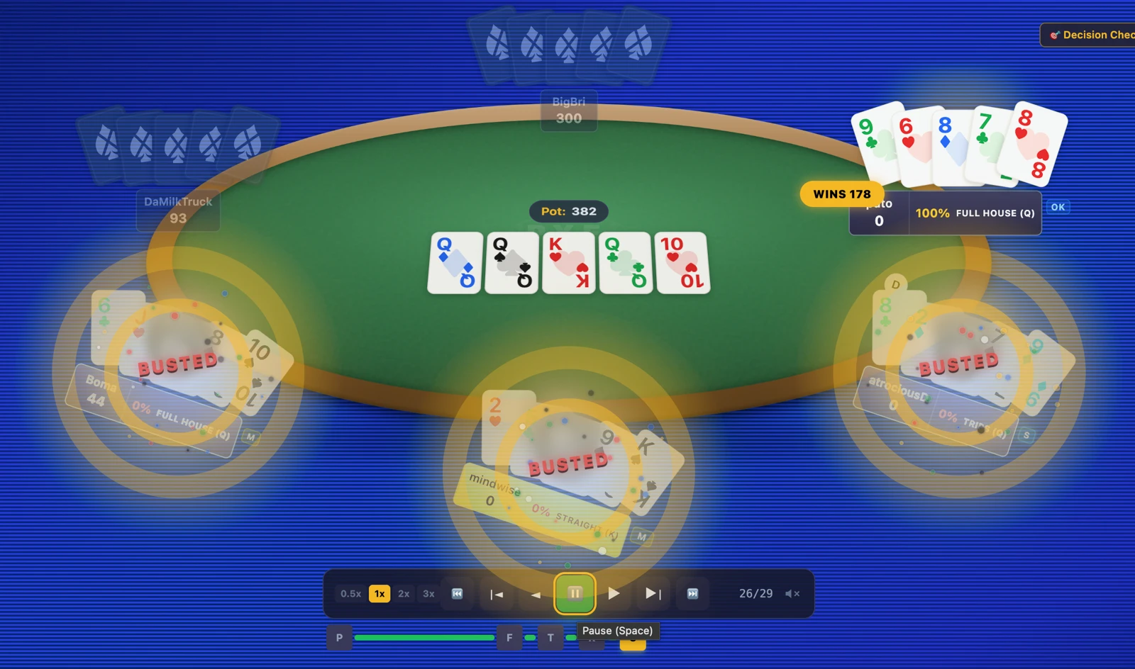 A PXF Analyzer replay with the arcade bust animation firing as three players bust on the same hand